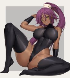 Rule 34 | 1girl, arm up, bare shoulders, black thighhighs, bleach, breasts, brown eyes, commentary, dark-skinned female, dark skin, english commentary, full body, highleg, highleg leotard, highres, impossible clothes, impossible leotard, large breasts, leotard, long hair, looking at viewer, mixed-language commentary, no shoes, parted lips, ponytail, purple hair, shihouin yoruichi, sitting, spread legs, teeth, thick thighs, thighhighs, thighs, tony guisado, very long hair, yellow eyes