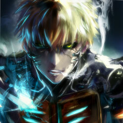Rule 34 | 1boy, black sclera, blonde hair, colored sclera, cyborg, earrings, genos, jewelry, k.ei, looking at viewer, male focus, one-punch man, open mouth, short hair, solo, teeth, third-party source, yellow eyes