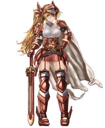 Rule 34 | 1girl, armor, black thighhighs, breasts, full body, garter straps, gauntlets, greaves, green eyes, hand on own hip, helmet, jewelry, large breasts, long hair, looking at viewer, necklace, original, plaid, plaid skirt, ponytail, red thighhighs, skirt, smile, solo, sword, takahashi rodemu, thighhighs, weapon