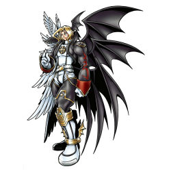 Rule 34 | angel wings, bandai, bat wings, blonde hair, boots, claws, concept art, demon, demon wings, digimon, digimon world re:digitize, evil, green eyes, lucemon, lucemon falldown mode, monster, multiple wings, muscular, no humans, official art, seven great demon lords, smile, solo, wings