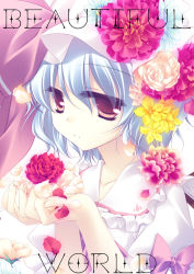 Rule 34 | 1girl, blue hair, female focus, flower, hat, motomiya mitsuki, petals, plant, red eyes, remilia scarlet, short hair, solo, touhou, upper body