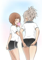 Rule 34 | 10s, 2girls, adjusting clothes, adjusting shorts, alternate hairstyle, black shorts, black towel, blue eyes, brown hair, closed eyes, closed mouth, cowboy shot, cross, from behind, girls und panzer, gym shirt, gym uniform, hair up, holding, holding towel, iron cross, itsumi erika, looking at another, multiple girls, nishizumi miho, open mouth, pink towel, shirt, short hair, short ponytail, short shorts, short sleeves, shorts, silver hair, simple background, smile, standing, t-shirt, thigh gap, towel, towel around neck, wata do chinkuru, wedgie, white background
