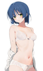 Rule 34 | 1girl, :/, arms behind back, bare shoulders, blue hair, blunt ends, bocchi the rock!, bow, bow bra, bow panties, bra, breasts, closed mouth, gin00, grey bow, hair ornament, hairclip, highres, looking at viewer, medium breasts, mole, mole under eye, navel, off shoulder, open clothes, open shirt, panties, shirt, short hair, sidelocks, simple background, skindentation, solo, stomach, sweat, underwear, undressing, wet, white background, white bra, white panties, white shirt, yamada ryo, yellow eyes