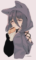 Rule 34 | 1girl, animal ears, artist name, black hair, blush, chamame, closed mouth, cross-laced clothes, crumbs, fake animal ears, female focus, food, food on face, from side, hair between eyes, half-closed eyes, hand up, happy, highres, holding, holding food, hood, hood up, hooded shirt, long hair, long sleeves, looking back, purple background, purple shirt, purple theme, red eyes, shirt, sidelocks, signature, simple background, smile, solo, taiyaki, upper body, wagashi, yamada tae, zombie land saga