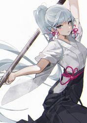 Rule 34 | 1girl, alternate costume, arm up, ayaka (genshin impact), black hakama, blue eyes, breasts, buri (retty9349), commentary, feet out of frame, flower knot, genshin impact, grey hair, hair ribbon, hakama, highres, hip vent, holding, holding sword, holding weapon, japanese clothes, kimono, long hair, looking at viewer, mole, mole under eye, parted lips, pleated skirt, ponytail, red ribbon, ribbon, shinai, sidelocks, simple background, skirt, small breasts, solo, standing, sword, v-shaped eyebrows, weapon, white background, white kimono
