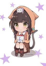 Rule 34 | 1girl, amayomiyu, animal ear hood, animal ears, asakura karen (heaven burns red), blunt bangs, blush, bright pupils, brown hair, brown skirt, cat ears, cat tail, chibi, closed mouth, commentary request, countdown illustration, fake animal ears, fake tail, heaven burns red, hood, hood up, knees up, long hair, long sleeves, looking at viewer, low-tied long hair, miniskirt, pleated skirt, sidelocks, simple background, sitting, skirt, smile, solo, split mouth, star (symbol), tail, tail raised, twitter username, white background, yellow eyes