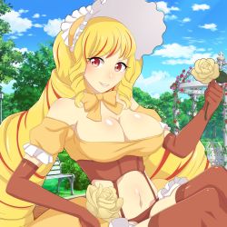 Rule 34 | 1girl, bench, blonde hair, blue sky, breasts, challengia, cleavage, cloud, day, dress, drill hair, elbow gloves, flower, garden, gloves, hairband, hat, holding, holding flower, large breasts, lingerie, lolita fashion, lolita hairband, long hair, looking at viewer, multicolored hair, navel, nchans, nchans style, official art, open mouth, orcaleon, outdoors, panties, red eyes, red gloves, sitting, sky, thighhighs, underwear, victorian, wurchan, yellow dress