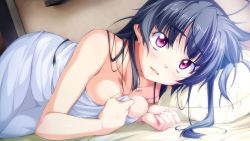 Rule 34 | 1girl, ahoge, bed sheet, black hair, breasts, cleavage, covering privates, flarerouge liliansol, game cg, highres, long hair, lying, nude, parted lips, pillow, red eyes, solo, taiyou no promia, takeya masami