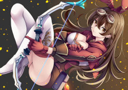 Rule 34 | 1girl, amber (genshin impact), boots, bow (weapon), breasts, brown eyes, brown hair, brown shorts, cleavage, closed mouth, commentary request, creek (moon-sky), eyebrows hidden by hair, genshin impact, gloves, goggles, goggles on head, hair between eyes, hair ribbon, holding, holding bow (weapon), holding weapon, hood, hood down, hooded jacket, jacket, long hair, looking at viewer, medium breasts, red gloves, red jacket, red ribbon, ribbon, short shorts, shorts, solo, thigh boots, thighhighs, very long hair, weapon, white footwear, white thighhighs