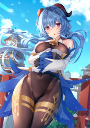 Rule 34 | 1girl, :o, absurdres, ahoge, architecture, bare shoulders, bell, black gloves, black legwear, blue hair, blue sky, blush, bodystocking, bodysuit, bow, bowtie, breasts, building, chinese knot, cloud, commentary request, covered navel, curled horns, day, detached sleeves, east asian architecture, flower knot, ganyu (genshin impact), genshin impact, gloves, gold trim, hair between eyes, highres, horns, liya, long hair, looking at viewer, medium breasts, neck bell, open mouth, outdoors, pelvic curtain, purple eyes, sitting, sky, smile, solo, tassel, thighlet, very long hair, white sleeves