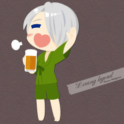 Rule 34 | 1boy, alcohol, arm up, beer, beer mug, blue eyes, blush stickers, character name, cup, english text, closed eyes, hair over one eye, heart-shaped mouth, highres, jinbei (clothes), kaorin minogue, male focus, mug, open mouth, silver hair, smile, viktor nikiforov, yuri!!! on ice