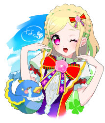 Rule 34 | 1girl, bird, blonde hair, blue sky, blush, bow, braid, center frills, closed eyes, clover, commentary request, crown braid, flower, four-leaf clover, frills, hair ribbon, hands up, happy tears, idol clothes, long hair, looking at viewer, midorikaze fuwari, moudoku (decopon3rd), one eye closed, open mouth, pink eyes, pink flower, pretty series, pripara, puffy short sleeves, puffy sleeves, red bow, red ribbon, ribbon, short sleeves, sky, smile, sparkle, speech bubble, tears, toriko (pripara), upper body