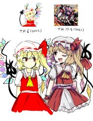 Rule 34 | 2girls, :o, ;d, ascot, blonde hair, blush, bow, buttons, closed mouth, commentary, crystal, dual persona, embodiment of scarlet devil, english commentary, fang, flandre scarlet, frilled shirt, frilled shirt collar, frilled skirt, frilled sleeves, frills, hair between eyes, hat, hat ribbon, highres, himuhino, laevatein (touhou), medium hair, mob cap, multiple girls, one eye closed, one side up, open mouth, pink bow, pink ribbon, puffy short sleeves, puffy sleeves, red bow, red eyes, red ribbon, red skirt, red vest, ribbon, shirt, short sleeves, skirt, smile, sweatdrop, time paradox, touhou, sunken fossil world, vest, white shirt, wings, yellow ascot