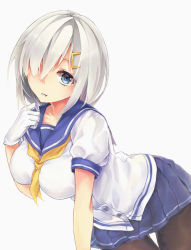 Rule 34 | 10s, 1girl, black pantyhose, blue eyes, blue skirt, breasts, buttons, gloves, hair ornament, hair over one eye, hairclip, hamakaze (kancolle), kantai collection, large breasts, looking at viewer, miniskirt, neckerchief, pantyhose, pleated skirt, school uniform, serafuku, short hair, silver hair, simple background, skirt, smile, solo, tadashi-kun, white background, white gloves, yellow neckerchief