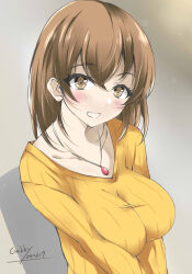 Rule 34 | 1girl, artist name, breasts, breasts squeezed together, brown eyes, brown hair, dated, gakky, highres, hiryuu (kancolle), jewelry, kantai collection, large breasts, looking at viewer, necklace, official alternate costume, one-hour drawing challenge, parted lips, smile, solo, sweater, upper body, yellow sweater