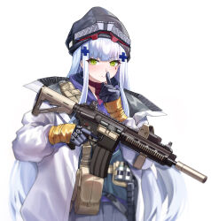Rule 34 | 1girl, 1z10, ammunition pouch, assault rifle, beanie, commentary request, eotech, facial mark, finger to mouth, girls&#039; frontline, girls&#039; frontline neural cloud, gloves, green eyes, gun, h&amp;k hk416, hair ornament, hat, highres, hk416 (girls&#039; frontline), jacket, long hair, looking at viewer, open clothes, open jacket, pouch, rifle, shushing, simple background, solo, suppressor, trigger discipline, upper body, vertical foregrip, weapon, white background, white hair, white jacket