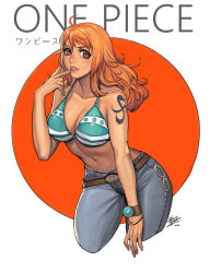 Rule 34 | 1girl, 2016, arm tattoo, bare shoulders, bikini, bikini top only, bracelet, commentary, denim, english text, japanese flag, jeans, jewelry, log pose, long hair, looking at viewer, midriff, nami (one piece), navel, one piece, orange hair, pants, sedhayu ardian, signature, solo, swimsuit, tattoo, teeth, translation request