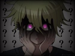 Rule 34 | 1boy, :o, ?, ??, alternate eye color, amami rantaro, bracelet, danganronpa (series), danganronpa v3: killing harmony, green hair, grey background, hair between eyes, hands on own cheeks, hands on own face, highres, jewelry, lower teeth only, male focus, pink eyes, portrait, ring, shirt, short hair, solo, striped clothes, striped shirt, suiren yurei, teeth