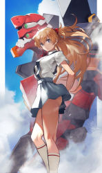 Rule 34 | 1girl, ahoge, arms behind back, ass, blouse, blue eyes, breasts, cloud, cloudy sky, commentary, day, english commentary, feet out of frame, floating hair, from side, frown, hair ornament, highres, kneehighs, legs, long hair, long legs, looking at viewer, mecha, medium breasts, miniskirt, neon genesis evangelion, no panties, orange hair, outdoors, robot, school uniform, shirt, short sleeves, skinny, skirt, sky, socks, solo, souryuu asuka langley, standing, suspender skirt, suspenders, tagme, thighs, tokyo-3 middle school uniform, v-shaped eyebrows, white shirt, white socks, wind, yoshio (55level)