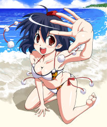 Rule 34 | 1girl, :d, adapted costume, arm support, armpits, bad anatomy, bad feet, barefoot, beach, bikini, black hair, blush, breasts, cleavage, day, feet, female focus, foreshortening, hat, kneeling, looking at viewer, medium breasts, open mouth, outstretched hand, poorly drawn, red eyes, shameimaru aya, short hair, side-tie bikini bottom, smile, solo, swimsuit, tokin hat, touhou, warugaki (sk-ii)