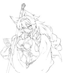 Rule 34 | 10s, 1girl, animal ears, armor, armored dress, bracer, braid, breasts, cat ears, cleavage, covered navel, erune, granblue fantasy, greyscale, hair between eyes, hair tubes, headband, heles, holding, holding weapon, large breasts, long hair, monochrome, polearm, shoulder pads, simple background, single braid, solo, spear, spikes, traditional media, tsurime, upper body, weapon, white background, worldless-heart