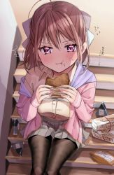 Rule 34 | 1girl, ahoge, blush, bow, breasts, brown hair, chewing, chigusa minori, commentary request, dress shirt, eating, food, food on face, hair bow, highres, jacket, looking at viewer, medium breasts, miniskirt, momose akari, off shoulder, onigiri, open clothes, open jacket, original, pantyhose, pink eyes, pink jacket, sandwich, school uniform, shirt, short hair, sitting, sitting on stairs, skirt, stairs, sweatdrop, translation request, yellow shirt