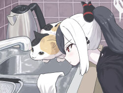 Rule 34 | 1girl, bent over, black choker, black hair, black sweater, blue archive, calico, cat, choker, coffee maker, commentary request, demon girl, demon horns, dishwasher, facing away, faucet, from side, hair between eyes, halo, head rest, highres, hood, hooded sweater, horns, indoors, kayoko (blue archive), kitchen, long hair, long sleeves, looking away, multicolored hair, piercing, ponytail, profile, red eyes, sidelocks, sweater, two-tone hair, unamaso, white hair