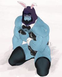 Rule 34 | 1boy, absurdres, alternate costume, animal ears, arm hair, bara, bare shoulders, beard, black thighhighs, blue skin, blush, bow, bowtie, bulge, chest hair, colored skin, crossdressing, detached collar, erection, erection under clothes, facial hair, feet out of frame, fishnet thighhighs, fishnets, ghangaji, grabbing, hairy, highres, large pectorals, league of legends, leg hair, leotard, male focus, male playboy bunny, monster boy, muscular, muscular male, parody, pectoral cleavage, pectoral grab, pectorals, rabbit ears, rabbit tail, scar, scar on arm, scar on face, scar on mouth, grabbing own breast, sitting, solo, strapless, strapless leotard, tail, thick eyebrows, thick thighs, thighhighs, thighs, wrist cuffs, yorick (league of legends)