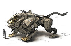 Rule 34 | 1other, canopy, ishiwata makoto, mecha, mechanical tail, original, robot, science fiction, size comparison, sketch, solo focus, standing, tail, yellow eyes, zoids