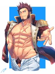 Rule 34 | 1boy, abs, bara, beard, blue eyes, blush, brown hair, epaulettes, facial hair, fate/grand order, fate (series), highres, large pectorals, long sideburns, long sleeves, looking at viewer, male focus, male pubic hair, muscular, napoleon bonaparte (fate), nipples, pants, pectorals, penis, penis peek, pubic hair, scar, topless male, sideburns, smile, solo, tepen (tptptpn)