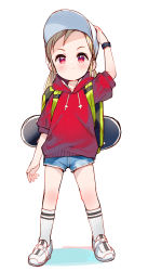 Rule 34 | 1girl, arm up, baseball cap, blue shorts, blush, brown hair, closed mouth, forehead, full body, hand on headwear, hat, highres, hood, hood down, hoodie, long hair, low twintails, meito (maze), original, puffy short sleeves, puffy sleeves, red eyes, red hoodie, ribbed legwear, shoes, short shorts, short sleeves, shorts, skateboard, smile, socks, solo, standing, twintails, v-shaped eyebrows, white footwear, white hat, white socks