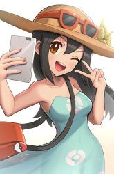 Rule 34 | 1girl, ;d, bag, bare shoulders, black hair, blue dress, breasts, brown eyes, brown hat, cellphone, cleavage, collarbone, commentary request, creatures (company), dress, fingernails, flower hat, game freak, gonzarez, gradient background, hair between eyes, hat, highres, holding, holding phone, long hair, looking at viewer, nintendo, npc trainer, one eye closed, open mouth, phone, pokemon, pokemon sm, red bag, sightseer (pokemon), smile, solo, v, white background, yellow background