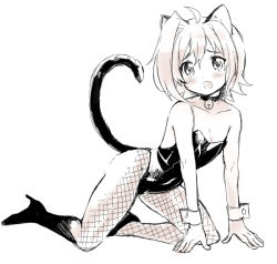 Rule 34 | 10s, 1boy, ahoge, animal ears, bad id, bad pixiv id, blush, boots, cardfight!! vanguard, cat boy, cat ears, cat tail, chawanmushi (ebikamaboko), crossdressing, detached sleeves, fang, fishnet pantyhose, fishnets, full body, male focus, monochrome, open mouth, pantyhose, sendou aichi, short hair, simple background, solo, tail, trap, white background