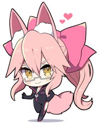 Rule 34 | 1girl, animal ears, black bodysuit, bodysuit, bow, breasts, chibi, cleavage, closed mouth, fate/grand order, fate (series), fox ears, fox girl, fox shadow puppet, fox tail, glasses, hair between eyes, hair bow, hair ribbon, heart, highres, koyanskaya (assassin) (first ascension) (fate), koyanskaya (fate), light blush, looking at viewer, pink bow, pink ribbon, ribbon, shadow, sidelocks, simple background, smile, solo, standing, standing on one leg, tail, tamamo (fate), white background, yellow eyes, yoriteruru