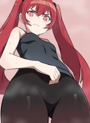 Rule 34 | 1girl, bare shoulders, black tank top, blush, breasts, fire emblem, fire emblem awakening, from below, frown, gluteal fold, hair ornament, hair scrunchie, highres, long hair, looking at viewer, looking down, nintendo, pants, red eyes, red hair, scrunchie, severa (fire emblem), small breasts, solo, sweat, tank top, tavi (hosheezus), thigh gap, twintails, v-shaped eyebrows, very long hair, wavy mouth, yoga pants