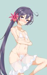 Rule 34 | &gt;:(, 1girl, ahoge, akebono (kancolle), bad id, bad twitter id, bare arms, bare legs, bare shoulders, bell, bikini, blush, choker, closed mouth, clothes pull, collarbone, commentary request, crossed arms, flat chest, flower, frown, green background, hair bell, hair flower, hair ornament, kantai collection, leg up, long hair, looking at viewer, nose blush, purple eyes, purple hair, see-through, side ponytail, simple background, skirt, skirt pull, solo, standing, standing on one leg, swimsuit, v-shaped eyebrows, very long hair, white bikini, white choker, white skirt, yamaioni (sasakama)