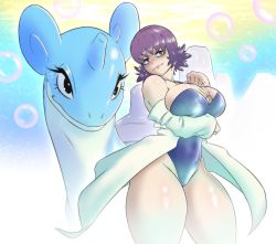 Rule 34 | 1girl, 1other, alternate breast size, breast hold, breast press, breasts, brown eyes, creatures (company), female focus, gage 199x, game freak, gen 1 pokemon, highleg, highleg swimsuit, highres, image sample, lab coat, lapras, large breasts, looking at viewer, mature female, nintendo, one-piece swimsuit, philena ivy, pokemon, purple hair, shiny skin, short hair, solo, swimsuit, thick thighs, thighs, twitter sample