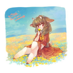 1girl, animal ears, blush, bow, brown hair, closed mouth, commission, dress, fewer digits, field, flower, flower field, furry, furry female, goat ears, goat girl, goat horns, goat tail, hair bow, hair over shoulder, hand up, holding, holding flower, horizontal pupils, horns, looking at viewer, mullmull02, original, puffy short sleeves, puffy sleeves, red dress, red eyes, satyr, short sleeves, signature, skeb commission, skin-covered horns, smile, solo, yellow bow