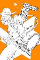 Rule 34 | 1boy, 2f sq, belt, belt buckle, billy the kid (fate), buckle, collared shirt, cowboy hat, dual wielding, fate/grand order, fate (series), fingernails, grin, gun, handgun, hat, holding, holding gun, holding weapon, jacket, lasso, long sleeves, male focus, monochrome, orange background, pants, revolver, rope, shirt, smile, solo, star (symbol), starry background, twitter username, weapon