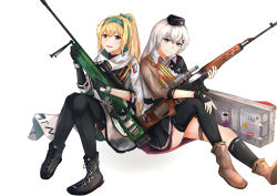 Rule 34 | 2girls, absurdres, assault rifle, black footwear, black gloves, black headwear, black legwear, black skirt, blonde hair, bolt action, boots, brown footwear, brown jacket, character name, dragunov svd, fingerless gloves, girls&#039; frontline, gloves, green ribbon, grey eyes, grey hair, gun, hair ribbon, hairband, hand on weapon, hat, highres, holding, holding weapon, huge filesize, jacket, long hair, looking at viewer, military, military hat, military uniform, mod3 (girls&#039; frontline), multiple girls, muteppona hito, on floor, open mouth, red eyes, ribbon, rifle, russian flag, shirt, sitting, skirt, smile, sniper rifle, sv-98, sv-98 (girls&#039; frontline), sv-98 (mod3) (girls&#039; frontline), svd (girls&#039; frontline), tape, thighhighs, uniform, weapon, weapon case, white background, white jacket, white shirt