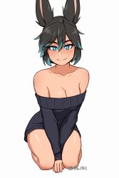 Rule 34 | 1girl, absurdres, animal ears, artist name, bare shoulders, black hair, black sweater, blue eyes, blue hair, blush, breasts, cleavage, closed mouth, collarbone, commentary, freckles, full body, hair between eyes, highres, long sleeves, looking at viewer, medium breasts, multicolored hair, off-shoulder sweater, off shoulder, original, rabbit ears, rob ishi, seiza, short hair, simple background, sitting, smile, solo, sweater, tail, tracie (rob ishi), two-tone hair, v arms, white background