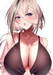 Rule 34 | 1girl, absurdres, black bra, blush, bra, bra pull, breasts, cleavage, clothes pull, collarbone, fate/grand order, fate (series), gradient hair, green hair, grey eyes, hair between eyes, highres, huge breasts, huyan zhuo (fate), jacket, lee-taro, long hair, multicolored hair, open clothes, open jacket, open mouth, pink jacket, signature, solo, streaked hair, underwear, upper body, wet, white hair