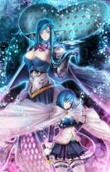 Rule 34 | 10s, 2girls, aged up, armor, blue eyes, blue hair, breasts, cape, cleavage, dual persona, fins, fish tail, gauntlets, gloves, head fins, highres, kugi ta hori taira, large breasts, long hair, mahou shoujo madoka magica, mahou shoujo madoka magica (anime), mermaid, miki sayaka, monster girl, multiple girls, oktavia von seckendorff, personification, revision, short hair, soul gem, spoilers, sword, tail, thighhighs, time paradox, treble clef, weapon
