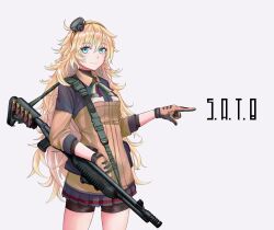 Rule 34 | 1girl, bike shorts, blonde hair, blush, character name, collared shirt, commentary request, fabarm sat-8, girls&#039; frontline, gloves, green eyes, gun, gun sling, hair ornament, hairband, italian flag, italian flag print, long hair, looking at viewer, massabou2, messy hair, pointing, print ribbon, ribbon, s.a.t.8 (girls&#039; frontline), shirt, shotgun, shotgun shell, skirt, sleeves rolled up, solo, two-tone shirt, very long hair, weapon