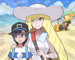 Rule 34 | ..., 1girl, 2boys, :d, age difference, alolan form, alolan raichu, bare arms, baseball cap, between breasts, black hair, black headwear, blonde hair, blush, breasts, closed eyes, closed mouth, cloud, collarbone, collared dress, commentary request, cosplay, creatures (company), day, dress, elio (pokemon), emphasis lines, game freak, gen 7 pokemon, green eyes, green hair, hat, hau (pokemon), heart, holding, holding strap, lillie (pokemon), lillie (pokemon) (cosplay), long hair, lusamine (pokemon), multiple boys, nintendo, open mouth, outdoors, pokemoa, pokemon, pokemon masters ex, pokemon sm, shirt, shorts, sky, smile, spoken ellipsis, strap between breasts, striped clothes, striped shirt, sweatdrop, t-shirt, teeth, upper teeth only, white dress, white headwear, |d