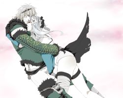 Rule 34 | 1girl, artist request, backless outfit, bandages, belt, bow, braid, breasts, chain, elbow gloves, flower, frills, gloves, hair ornament, hug, kaine (nier), legs, lingerie, long legs, narrow waist, negligee, nier, nier (series), nier (brother), pale skin, panties, ribbon, short hair, smile, thigh strap, thighhighs, thighs, underwear, white hair, white panties, yellow eyes