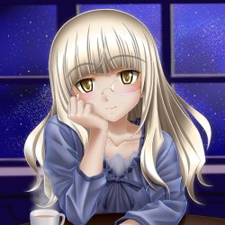 Rule 34 | 1girl, blonde hair, blush, casual, cup, glasses, hand on own cheek, hand on own face, long hair, looking at viewer, mushoku no hourousha, night, night sky, perrine h. clostermann, pov across table, sky, smile, solo, star (sky), star (symbol), starry sky, strike witches, tea, teacup, window, world witches series, yellow eyes