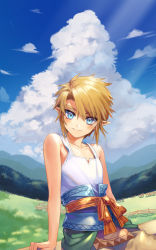 Rule 34 | 1boy, absurdres, arm support, bare arms, bare shoulders, blonde hair, blue eyes, blush, child, closed mouth, cloud, day, fence, highres, link, male focus, meadow, nature, nintendo, ninto, pointy ears, sash, sidelocks, sitting, sky, sleeveless, smile, solo, swept bangs, the legend of zelda, the legend of zelda: twilight princess, upper body