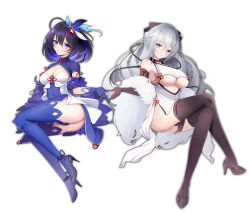 2girls a_shui absurdres ass bare_shoulders blue_eyes blue_footwear blue_gloves blue_hair blue_thighhighs breasts bronya_zaychik bronya_zaychik_(silverwing:_n-ex) brown_footwear brown_gloves brown_legwear china_dress chinese_clothes cleavage closed_mouth crossed_legs dress drill_hair elbow_gloves gloves grey_eyes grey_hair high_heels highres honkai_(series) honkai_impact_3rd large_breasts long_hair long_sleeves looking_at_viewer medium_hair multiple_girls seele_vollerei seele_vollerei_(swallowtail_phantasm) simple_background smile thighhighs twin_drills underboob white_background