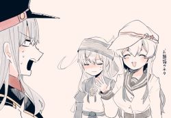 Rule 34 | 3girls, ainu clothes, bad id, bad twitter id, belt, blue hair, blush, breasts, closed eyes, closed mouth, cosplay, costume switch, dress, flat cap, gangut (kancolle), grey hair, hair between eyes, hat, headband, hibiki (kancolle), itomugi-kun, jacket, japanese clothes, kamoi (kancolle), kantai collection, large breasts, long hair, military, military hat, military jacket, military uniform, multicolored hair, multiple girls, naval uniform, open mouth, peaked cap, red shirt, remodel (kantai collection), sailor collar, sailor dress, sailor hat, school uniform, serafuku, shirt, simple background, smile, star (symbol), sweat, uniform, verniy (kancolle), white background, white hair